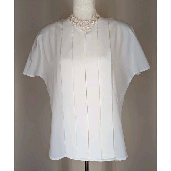 Christie & Jill Tops - Vintage Christie & Jill Lace Blouse 14 Pleated Shirt Sleeve Cream Beige Dressy